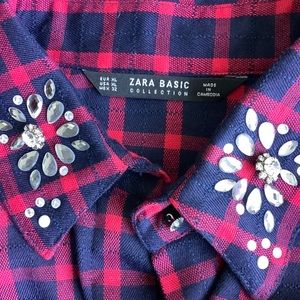 Zara Red Plaid Shirt Dress Embellished Collar